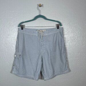 J Crew Men 36 Blue White Seersucker Stripe Swim Trunks Board Shorts Lined Pocket
